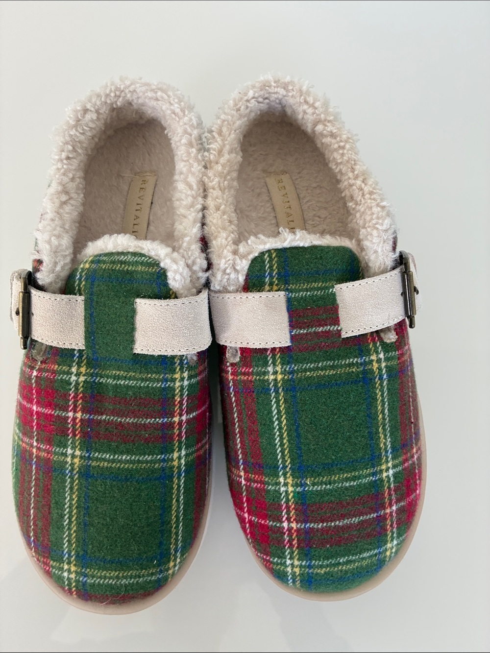Revitalign Green Tartan Plaid Buckle Slipper Cozy House Shoes